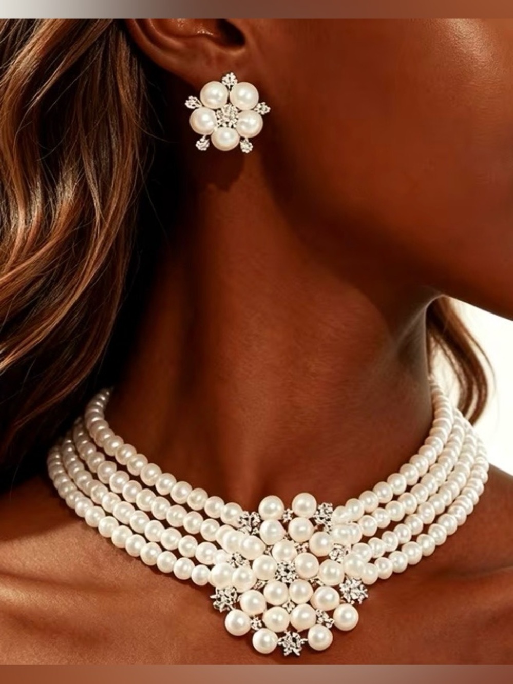 NEW! 3 piece Elegant White Pearl Multi-Strand Choker Necklace & Earrings A0-5